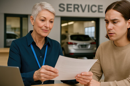 Consultation at the Service Center: An older female service advisor discusses a document with a young customer in the service bay of a vehicle repair facility.
