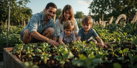 Fototapeta premium A family of four tending to a garden bed with lush green plants under a bright sunny sky outdoors