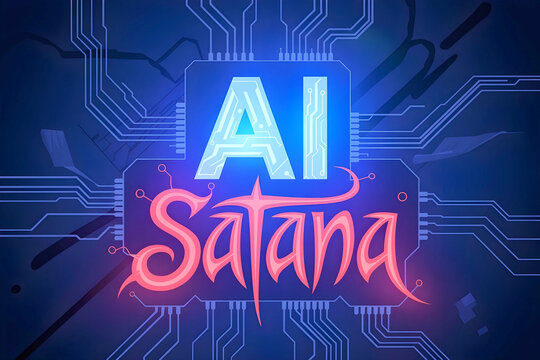 A neon-glowing "AI Satana" logo, with a circuit board background, representing the intersection of artificial intelligence, technology, and dark, edgy themes