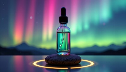 a vaping device set against an aurora filled sky background with vibrant green hues