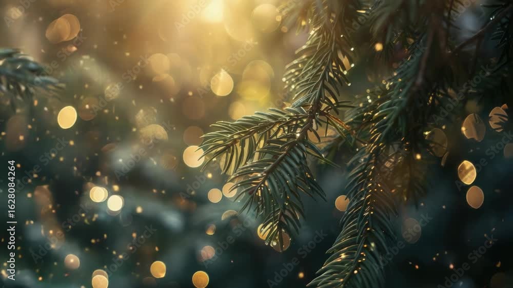 Poster a close-up shot of a pine tree branch with soft, warm lights in the background