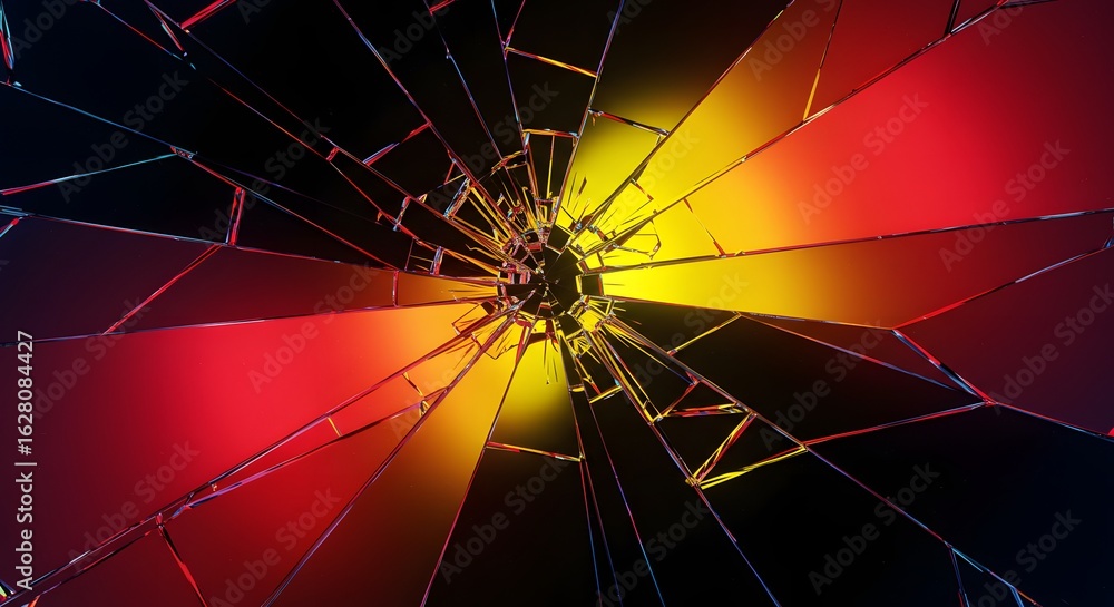 Poster abstract image of shattered glass with a background gradient of red, yellow, and black, creating a d