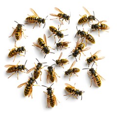A gathe of numerous black and yellow wasps are scattered and positioned randomly on a plain white background, showing their intricate details and patterns.