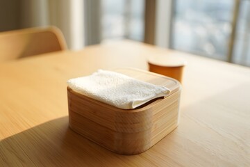 Minimalist Wellness Scene Featuring a Towel in a Wooden Box Bathed in Natural Light