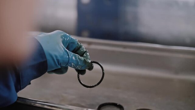 Hands in gloves wash some of the equipment at the plant.