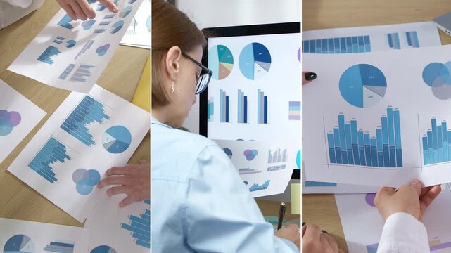 Collage of a female manager working with financial reports. Statistics and graphs on the desktop. Analytical data and chart.