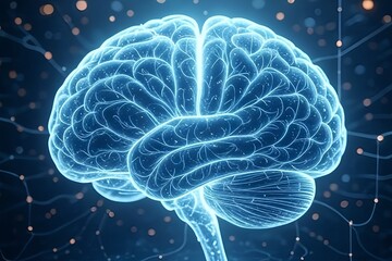 Obraz premium A digital brain glowing with intricate neural pathways, surrounded by floating data points and abstract symbols of knowledge.