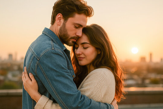 Tender rooftop embrace between a couple during golden hour sunset, with the glowing sun casting warm light over an urban skyline in the distance. A heartfelt moment of connection, peace, quiet love