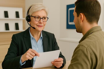 Customer Service Conversation: A friendly customer service representative in a professional setting assists a client, engaging in a focused discussion, representing a positive customer experience.