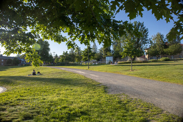 Urban nature in Umea Sweden showing the peaceful parklands and walking trails by the Ume river in Vasterbotten County.