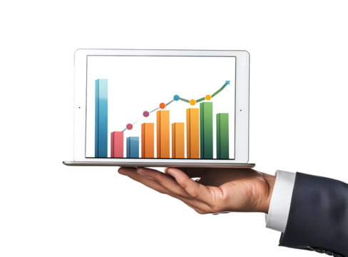 A businessman's hand holding an iPad with an upward-trending bar graph, showing growth in sales of forged goods..