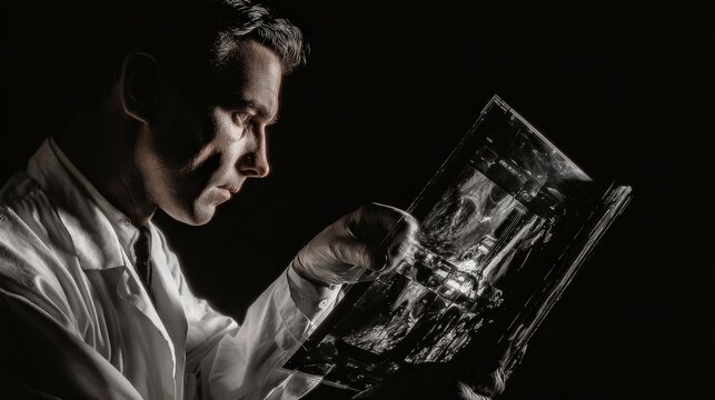 Medical professional analyzing x-ray images in dark room healthcare environment dramatic lighting clinical insight