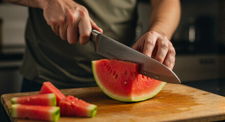 Man slicing fresh watermelon with knife on wooden cutting board  