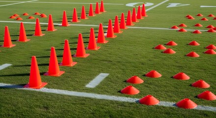 Obraz premium Orange cones arranged in patterns on a grassy field, likely for sports training.