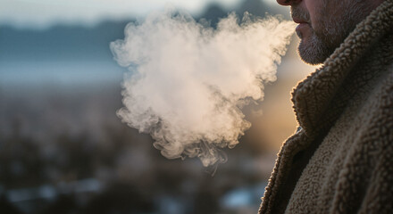 Bearded man breathing cold air in winter evening outdoors  