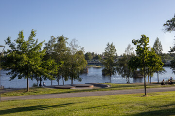 Urban nature in Umea Sweden showing the peaceful parklands and walking trails by the Ume river in Vasterbotten County.