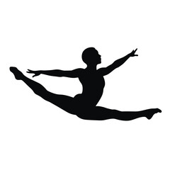 Obraz premium Silhouette of a gymnast performing a split leap isolated on white background, showcasing flexibility, balance, and artistic movement in gymnastics