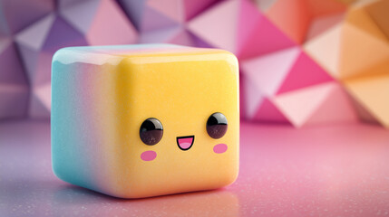 A cute yellow cube with a smiling face on a pink surface with a geometric backdrop