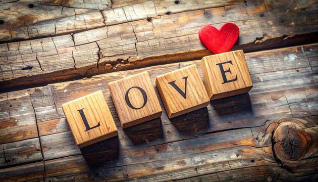 Express Your Love with Wooden Blocks Spelling Love and a Heart on Rustic Wood Surface