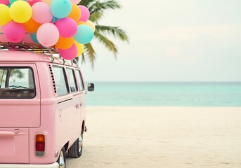 Fototapeta premium Pink Camper Van with Colorful Balloons on a Tropical Beach. Generative Ai