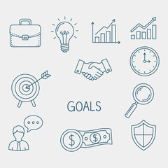 A collection of a variety of business-related icons hand-drawn doodles.