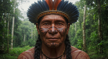Obraz premium Retrato de um Cacique ancião indígena com pinturas faciais tradicionais, olhar profundo e fundo de floresta densa Dia do Índio e Povos Originários