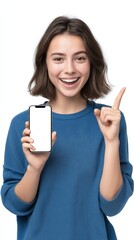 Fototapeta premium Excited young woman holding blank smartphone screen for your engaging mobile app promotion or modern tech ad