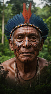 Retrato de um Cacique anci&atilde;o ind&iacute;gena com pinturas faciais tradicionais, olhar profundo e fundo de floresta densa Dia do &Iacute;ndio e Povos Origin&aacute;rios