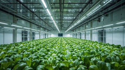 A view of rows of leafy green plants growing inside a large indoor farm with artificial lighting system