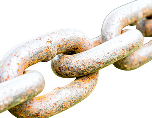 Close up of a weathered rusty metal chain with rough texture