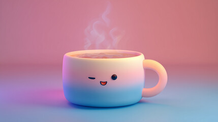 A cute mug with a winking face emitting steam on a pink and blue background