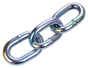 Close up of connected metal chain links on a transparent background