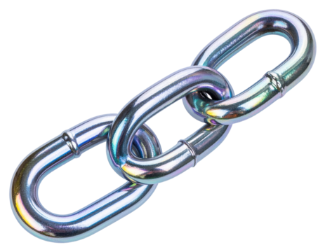 Close up of connected metal chain links on a transparent background
