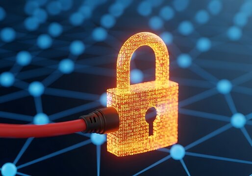 Digital padlock connected to network, symbolizing cybersecurity