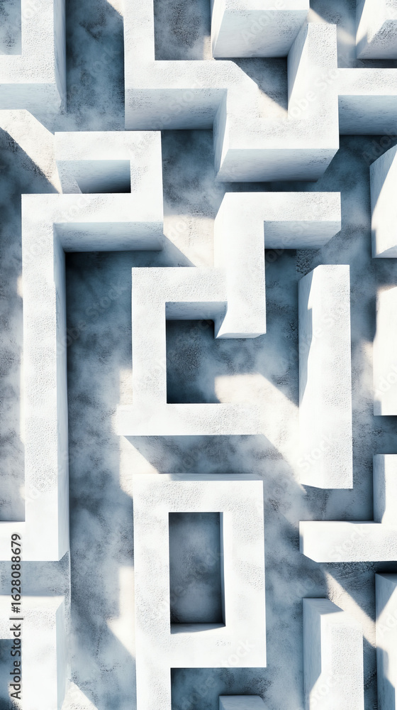 Poster abstract white maze structure top-down view. light and shadow create a complex labyrinth pattern.