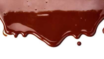 Close up of dripping dark chocolate against a white background