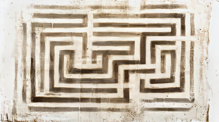 Abstract maze drawing on aged paper creates a complex, thought-provoking puzzle. This distressed graphic offers a vintage and challenging design.