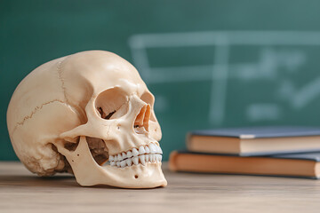 Anatomy lesson featuring a skull placed on a table in front of books and a chalkboard for a visual learning experience in education.