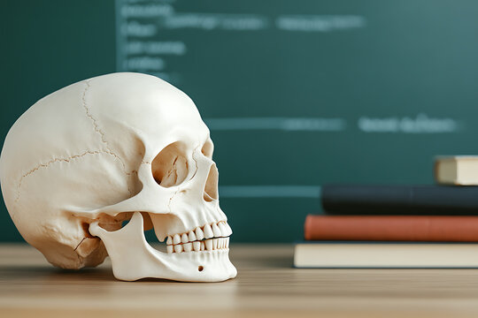 Anatomy lesson with a skull model in a classroom on a table next to books with a chalkboard in the background for educational purposes.