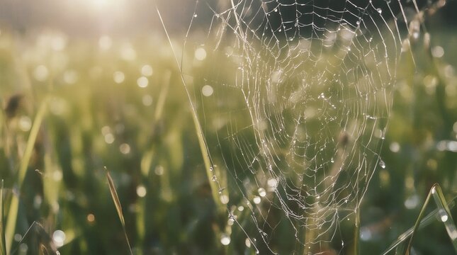 Cobweb on wild meadow, closeup view