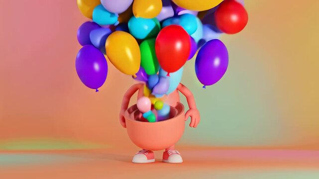 Cartoon brain character with colorful balloons flying out. Creativity and joyful imagination