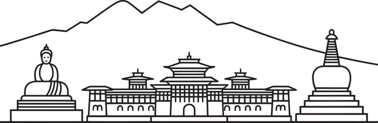 Bhutanese Architecture and Landscape Line Art Illustration with Mountains and Stupa Outline Design