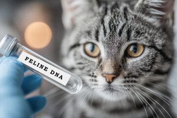 Feline DNA Test Tube Held by Gloved Hand Near Tabby Cat