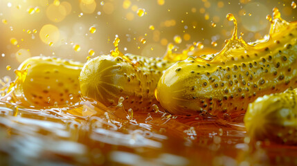 Crisp pickles resting in a splash of golden mustard with droplets suspended in midair. A dynamic and artistic food photography concept with rich colors and textures.