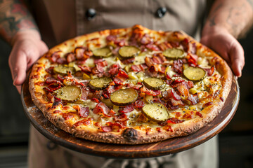 A chef in an apron holds a freshly baked pizza topped with crispy bacon, melted cheese, and sliced pickles, served on a wooden board in a cozy kitchen setting.