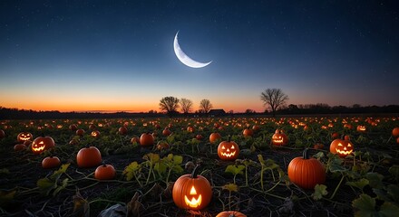 Eerie Enchantment: Illuminated Pumpkin Patch Under a Crescent Moon at Twilight