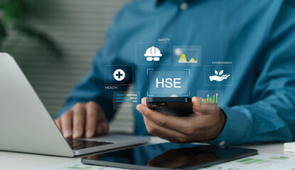 HSE Health, Safety, Environment Concepts that focus on accident prevention, safety for businesses...