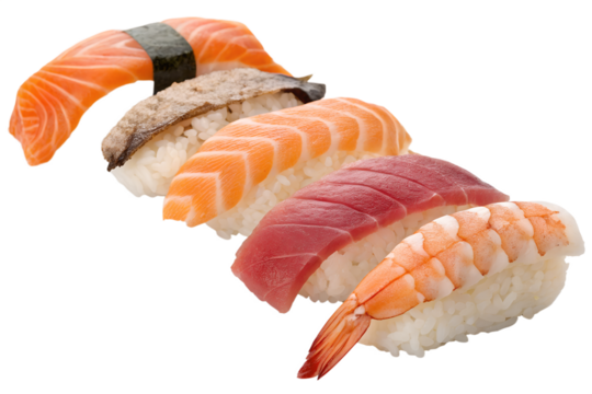 An enticing arrangement of sushi nigiri showcasing several types including salmon, tuna, and shrimp, each nestled on a bed of seasoned rice - Powered by Adobe