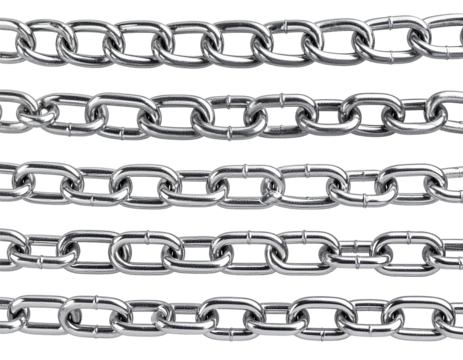 Close up of multiple shiny metal chains against a white background - Powered by Adobe
