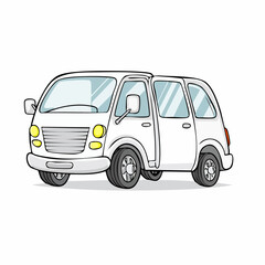 Cartoonish white van illustration with doors, tires, and a friendly design